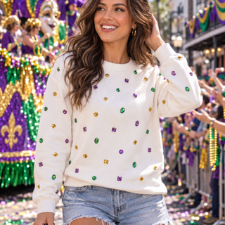 Mardi Gras Jeweled Sweatshirt Cream