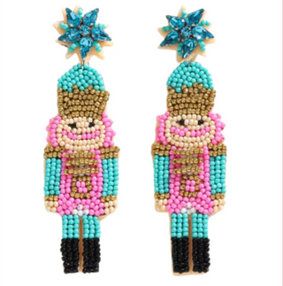 Nutcracker Christmas Beaded Earrings Turquoise 