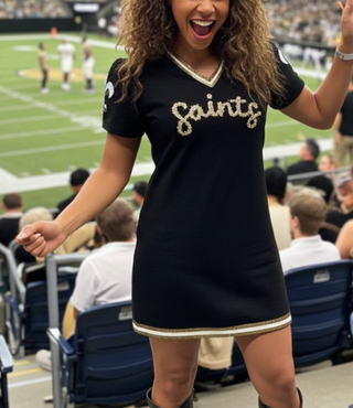 New Orleans Saints Black & Gold Glitter Script Tinsel Dress SASH Clothing Bar New Orleans Saints Black & Gold Glitter Script Tinsel Dress SASH Clothing Bar