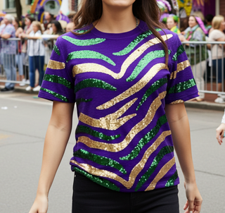 mardi gras sequin tiger stripe shirt
