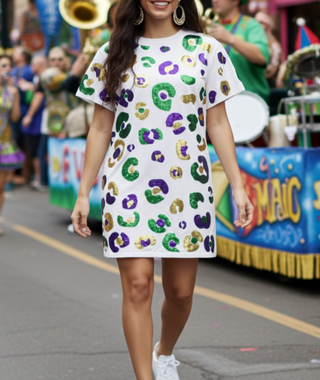 Mardi Gras Leopard Sequin T-Shirt Dress L Mardi Gras Leopard Sequin T-Shirt Dress L
