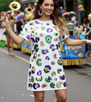 Mardi Gras Leopard Sequin T-Shirt Dress