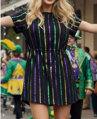 mardi gras sequin stripe drawstring waist dress 