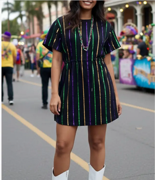 Mardi Gras Stripes Sequin T-Shirt Dress