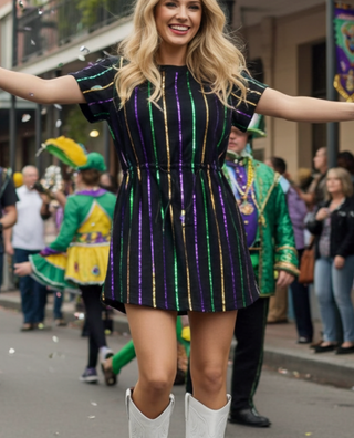 Mardi Gras Stripes Sequin T-Shirt Dress