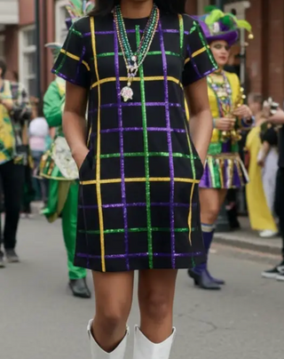 Mardi Gras Plaid Stripes Sequin T-Shirt Dress