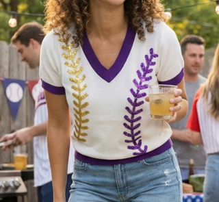 Tigers Baseball Sequin Sweater Top Purple and Gold