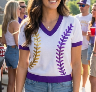 Tigers Baseball Sequin Sweater Top Purple and Gold