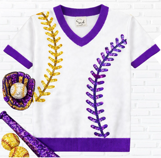 Tigers Baseball Sequin Sweater Top Purple and Gold