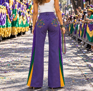 purple mardi gras jeans with sequin and fringe