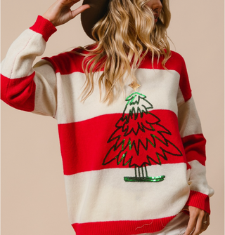 Striped Sweater with Christmas Tree Sequin