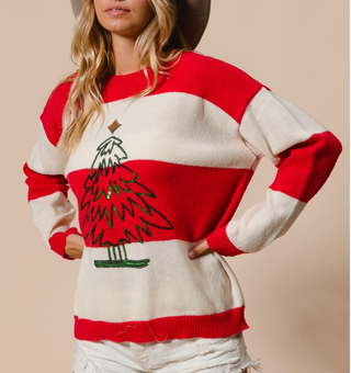 Striped Sweater with Christmas Tree Sequin