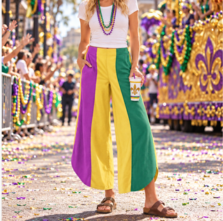 colorblock purple, green, and yellow Mardi Gras pants