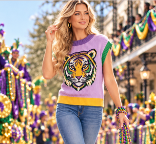 Mardi Gras Tiger Knit Sweater