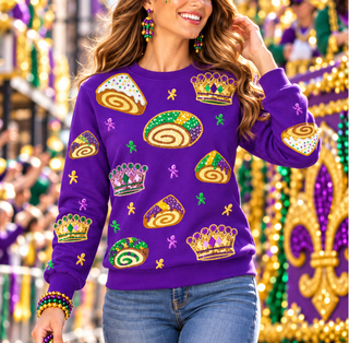 sequin king cake sweatshirt mardi gras
