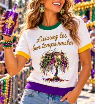 Mardi Gras Bead Tree Sequin Sweater Top