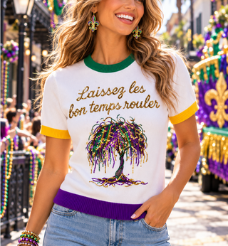 laissez les bon temps rouler bead tree cardio gras sequin sweater top