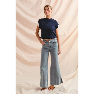 Flare bottom denim jeans with side Pearl details