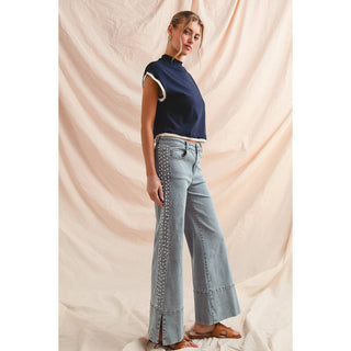 Flare bottom denim jeans with side Pearl details
