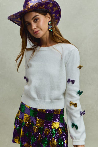 Mardi Gras Glitter Bow Ribbon Sweater Knit Top