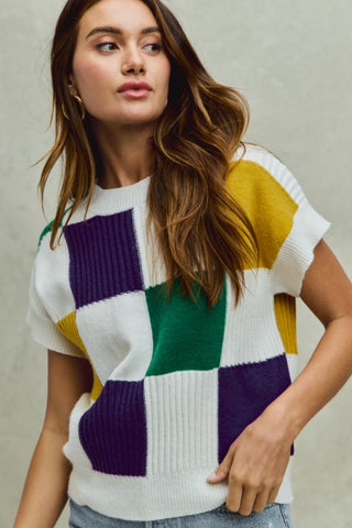 Mardi Gras Check Plaid Casual Sweater Top