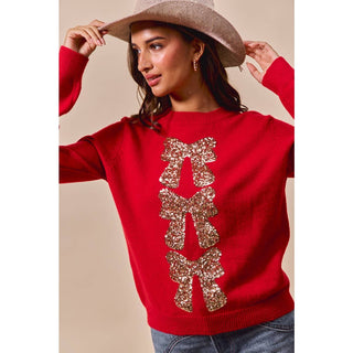 Sequin Ribbon Christmas Sweater Red