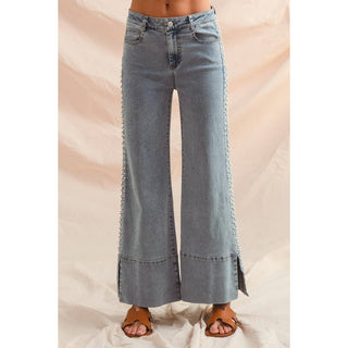 Flare bottom denim jeans with side Pearl details