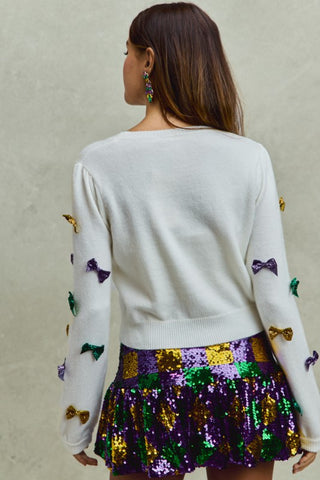 Mardi Gras Glitter Bow Ribbon Sweater Knit Top
