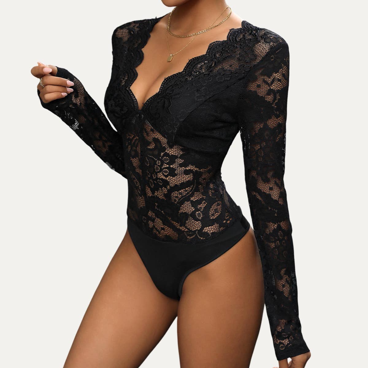 Floral Lace V-Neck Long Sleeve Bodysuit