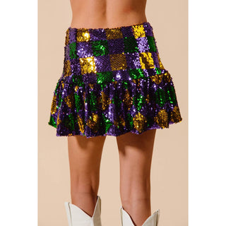 MARDI GRAS CHECKER SEQUINS MINI SKIRT -