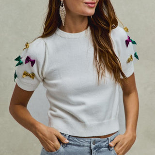 Mardi Gras Glitter Ribbon Puff Sweater Knit Top