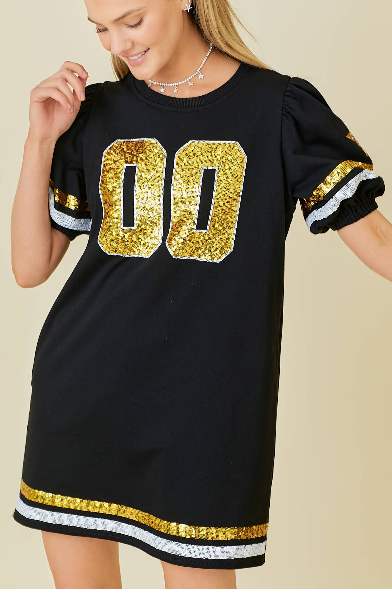 Game Day Black & Gold Sequin Trim Dress