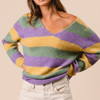 V-neck Mardi Gras Stripes Sweater