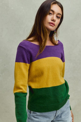 Mardi Gras Color Block Bow Sweater Top