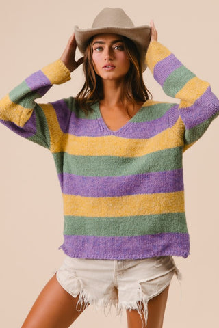 V-neck Mardi Gras Stripes Sweater