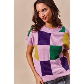 Mardi Gras Check Plaid Casual Sweater Top