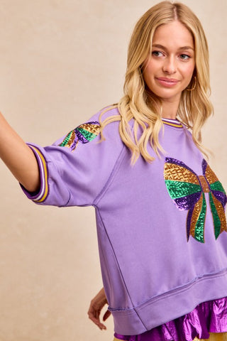 Mardi Gras Sequin Ribbon Patched Sweater Top