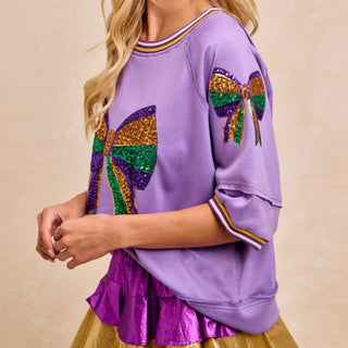 Mardi Gras Theme Ribbon Sequin Patched Top