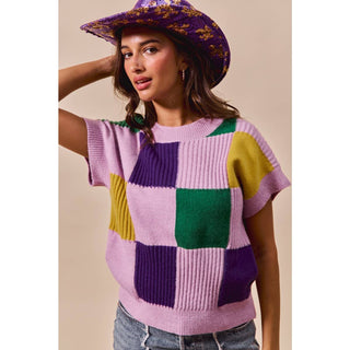 Mardi Gras Check Plaid Casual Sweater Top