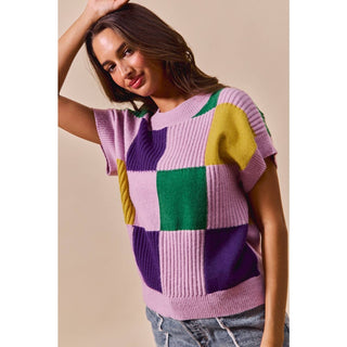 Mardi Gras Check Plaid Casual Sweater Top