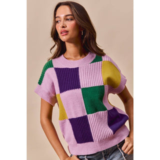Mardi Gras Check Plaid Casual Sweater Top