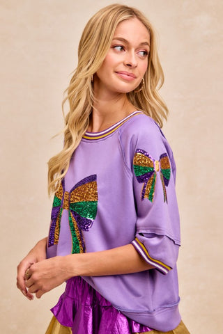 Mardi Gras Sequin Ribbon Patched Sweater Top