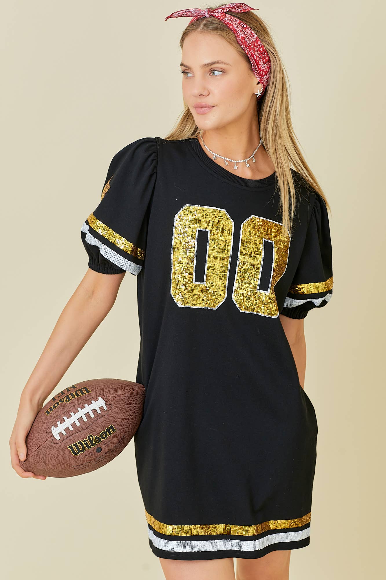 Game Day Black & Gold Sequin Trim Dress