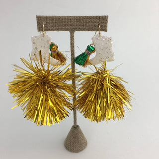 Mardi Gras marching boot tassel/ tinsel Pom Pom earrings