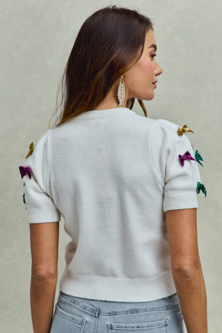 Mardi Gras Glitter Ribbon Puff Sweater Knit Top