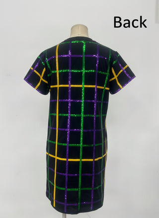 Mardi Gras Plaid Stripes Sequin T-Shirt Dress