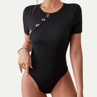 Stretchy Round Neck Ribbed Knit Short Sleeves Bodysuit 