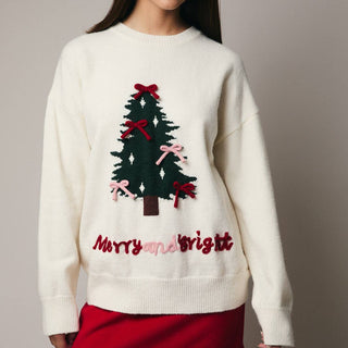 Round Neck Long Sleeve Christmas Graphic Sweater, with the words Merry and Bright and a festive Christmas tree.