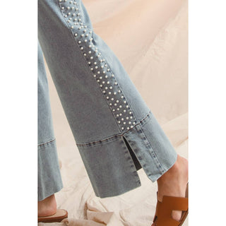 Flare bottom denim jeans with side Pearl details