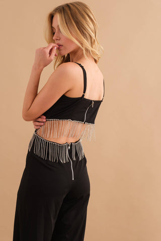 Rhinestone Fringe Cut Out Side Open Back Jumpsuit